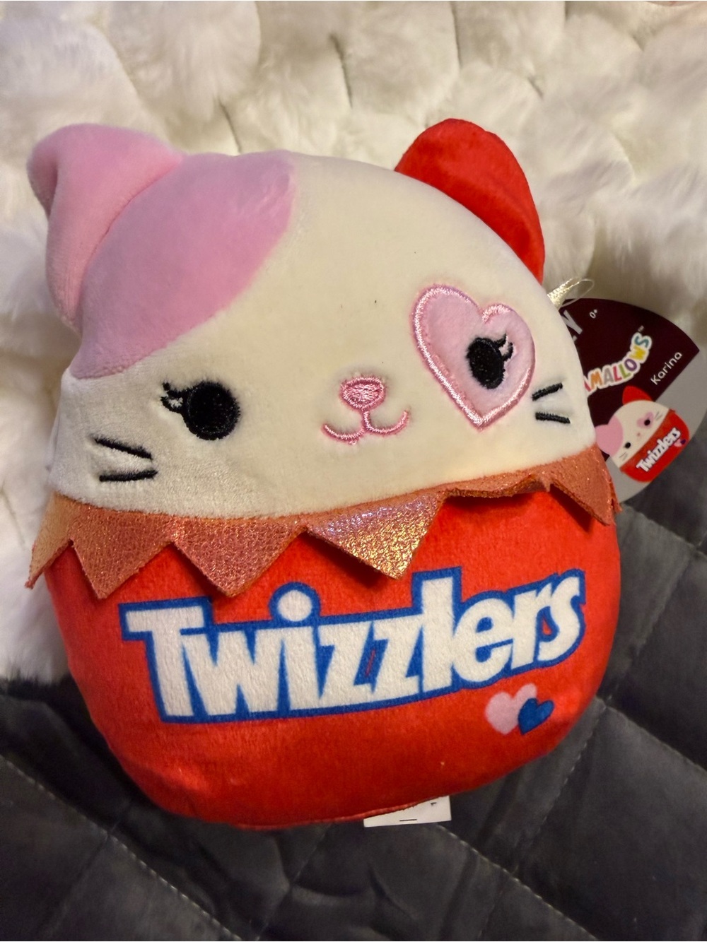 Squishmallows Twizzlers Red Pink White Cat Plush